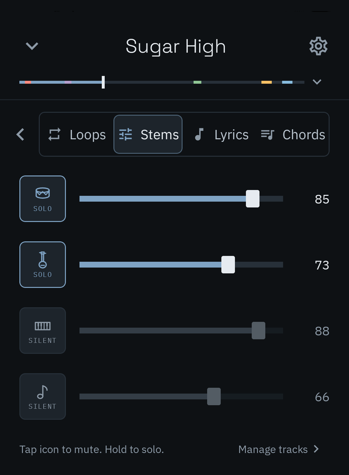 The stems tool in PracticeSession on a phone: four separated tracks with volume sliders, two soloed and two silent