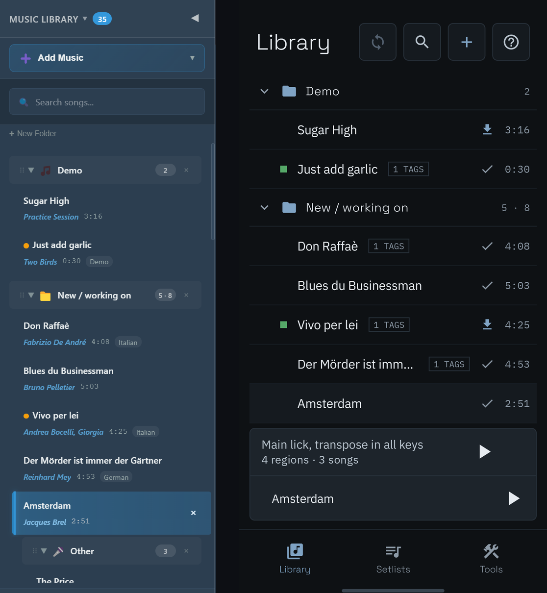 The same PracticeSession library on a Windows computer and on an Android phone: the same folders and songs, with some songs downloaded to the phone and others available to download