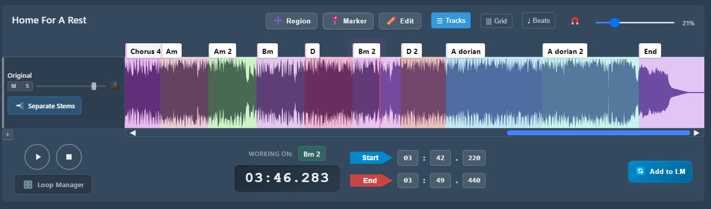 PracticeSession showing Home For A Rest with the solo broken into labeled regions
