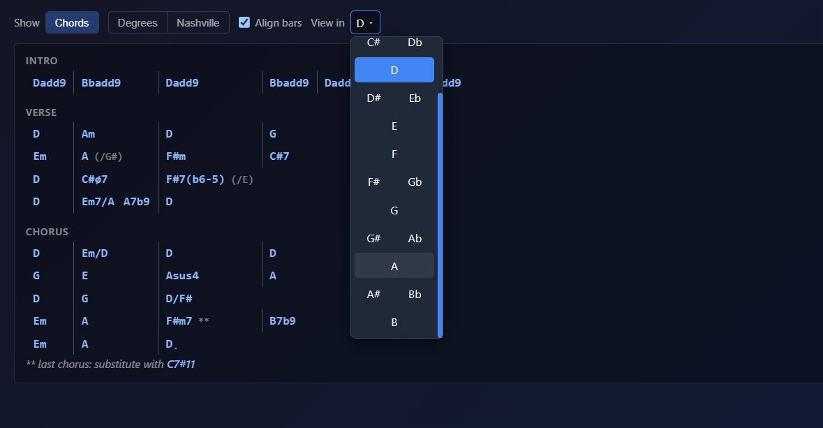 The key selector open on a PracticeSession chord chart, listing all twelve keys with enharmonic spellings