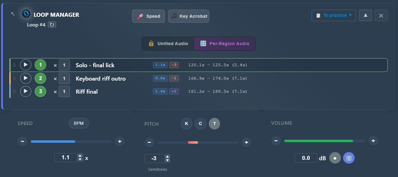 PracticeSession Loop Manager playing region 1 of a three-region practice sequence, transport set to 1.1x speed and minus 3 semitones