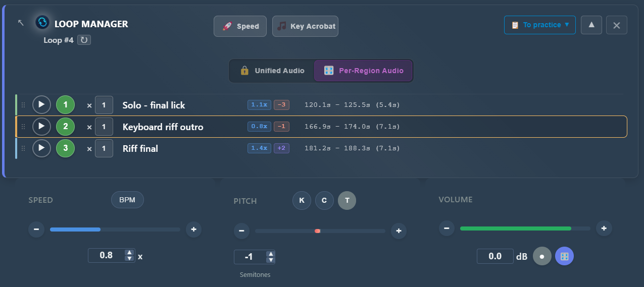 PracticeSession Loop Manager playing region 2 of the sequence, transport set to 0.8x speed and minus 1 semitone
