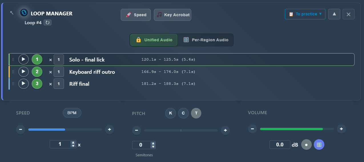 PracticeSession Loop Manager in Unified Audio mode, a single speed and pitch setting applied across all three regions