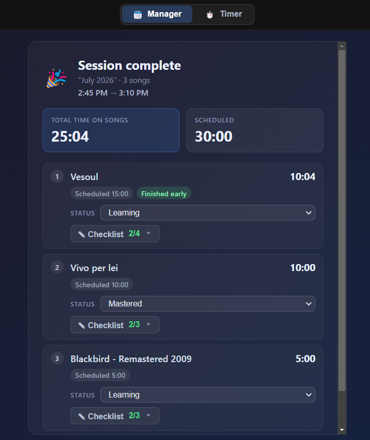 A completed practice session recap in PracticeSession showing time spent per song against time scheduled, with a status for each