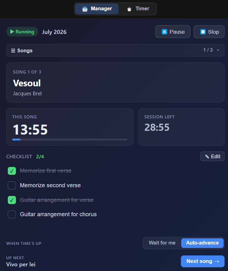 A running practice session in PracticeSession showing the current song, a per-song countdown, a session countdown and a checklist