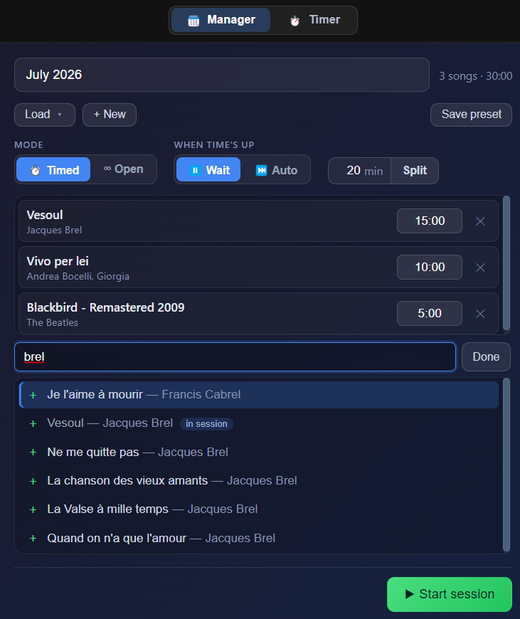 Building a practice session in PracticeSession: three songs with individual time budgets, a timed mode, and a library search to add more