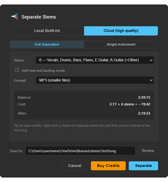 PracticeSession stem separation dialog set to cloud high-quality separation into 6 stems, showing the credit cost before confirming