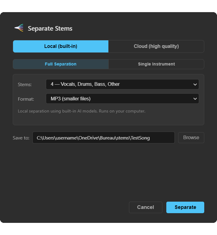 PracticeSession stem separation dialog set to local built-in separation into 4 stems: vocals, drums, bass and other