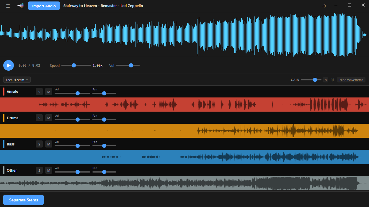 Lamina AI Stem Splitter interface showing multi-track stem separation